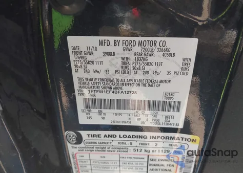 2011 Ford F-150 Platinum from USA, damaged, VIN 1FTFW1EF4BFA12728